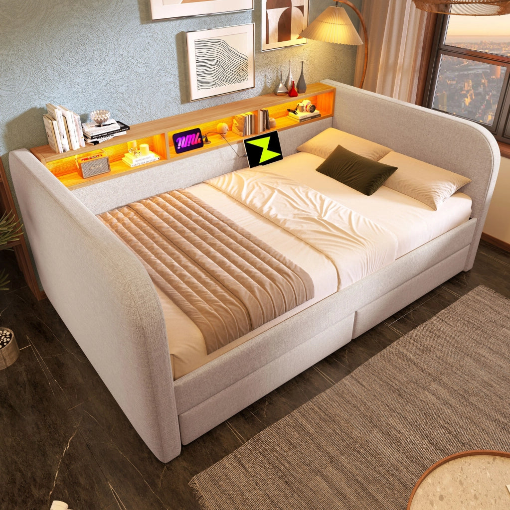 Letto imbottito matrimoniale 140x190 cm con LED; USB-C; 2 cassetti e testiera contenitore
