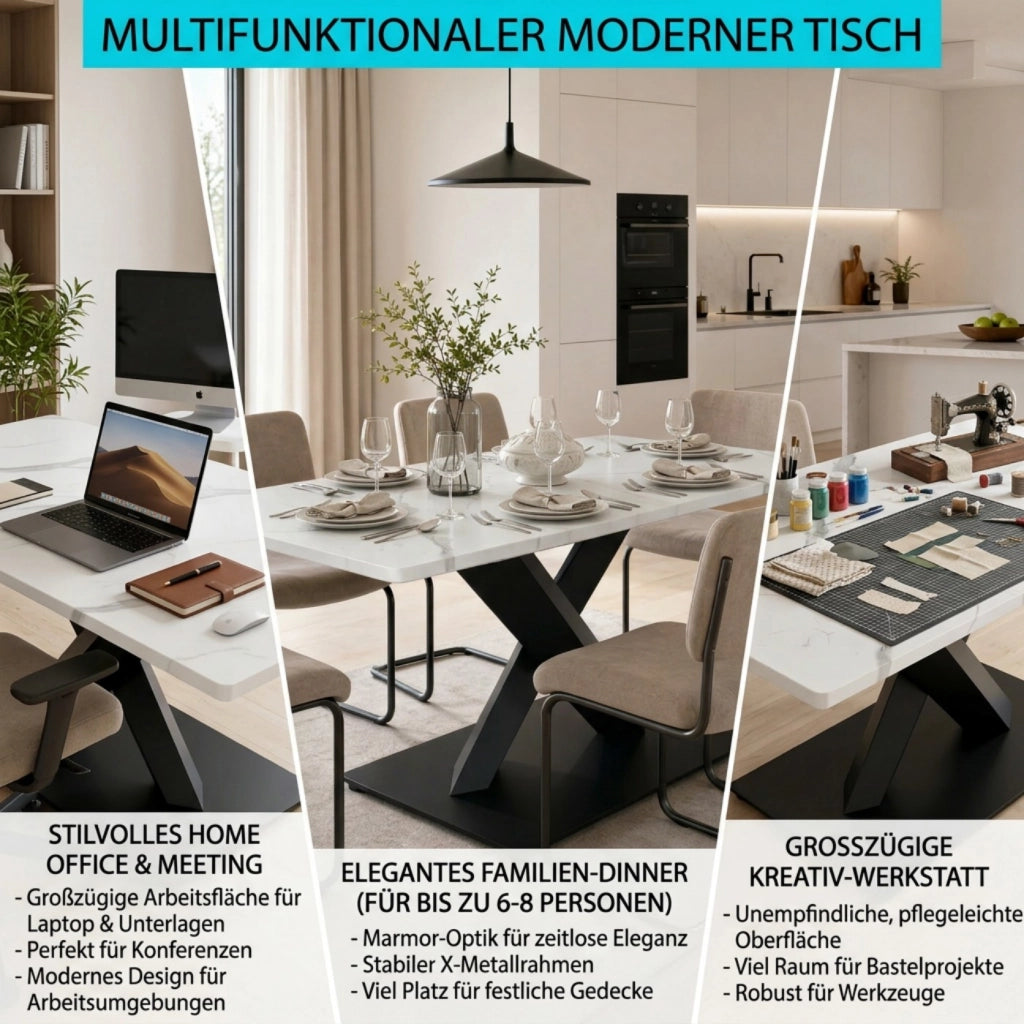 Tavolo da pranzo per 6 persone in MDF e metallo, stile farmhouse, per cucina e soggiorno, bianco e nero, 160 × 80 × 75 cm