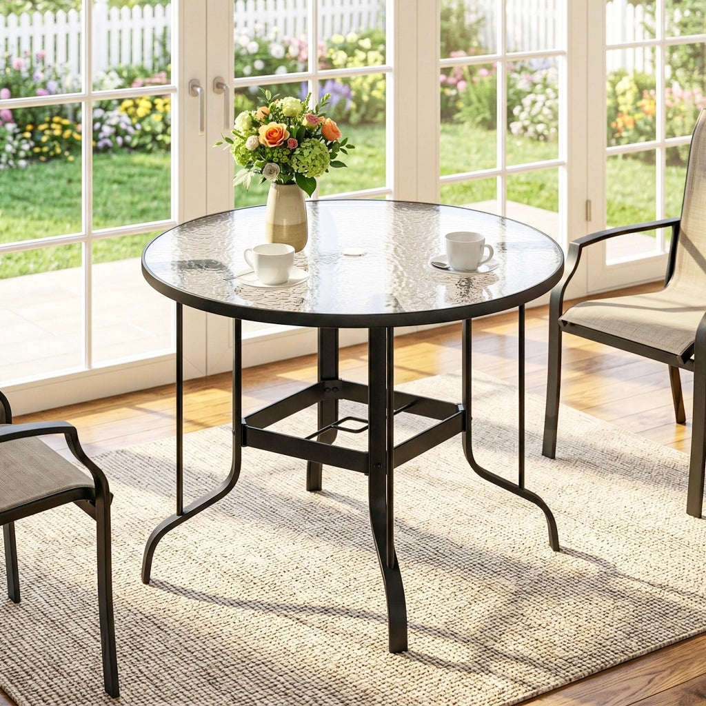 Tavolino da Giardino Rotondo con Foro per Ombrellone, in Metallo e Vetro Temperato, ?96.5x71 cm, Nero