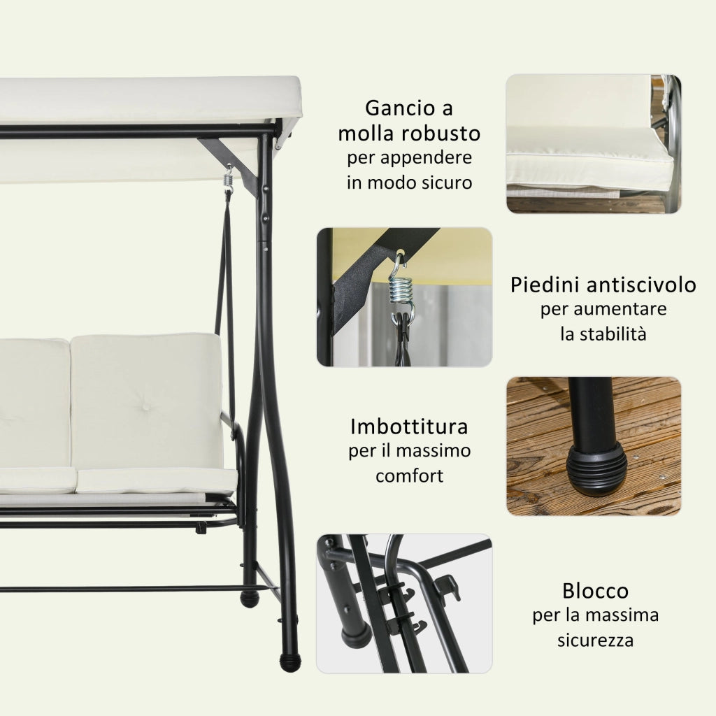 Dondolo Letto da Giardino 3 Posti con Tettuccio Regolabile 195x117x175 cm in Acciaio e Poliestere Crema e Nero