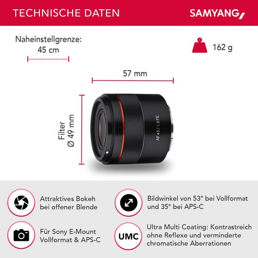 Obiettivo fotografico AF 45 mm compatibile con Sony FE, per full-frame e APS-C, Lunghezza focale fissa, autofocus e angolo di campo di 53°