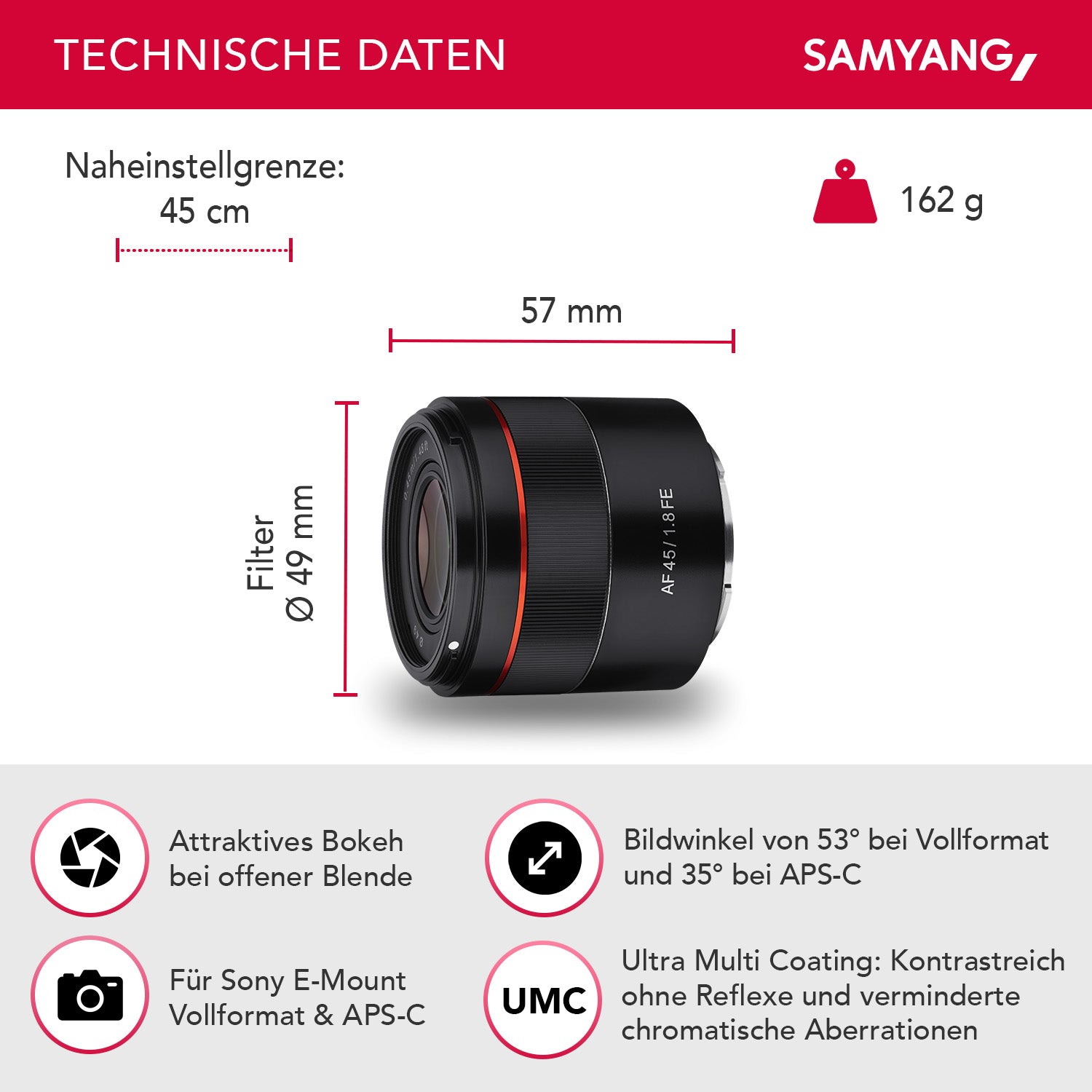 Obiettivo fotografico AF 45 mm compatibile con Sony FE, per full-frame e APS-C, Lunghezza focale fissa, autofocus e angolo di campo di 53°