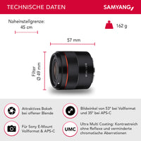 Obiettivo fotografico AF 45 mm compatibile con Sony FE, per full-frame e APS-C, Lunghezza focale fissa, autofocus e angolo di campo di 53°