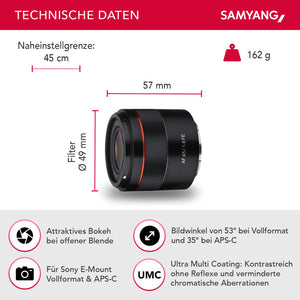 Obiettivo fotografico AF 45 mm compatibile con Sony FE, per full-frame e APS-C, Lunghezza focale fissa, autofocus e angolo di campo di 53°