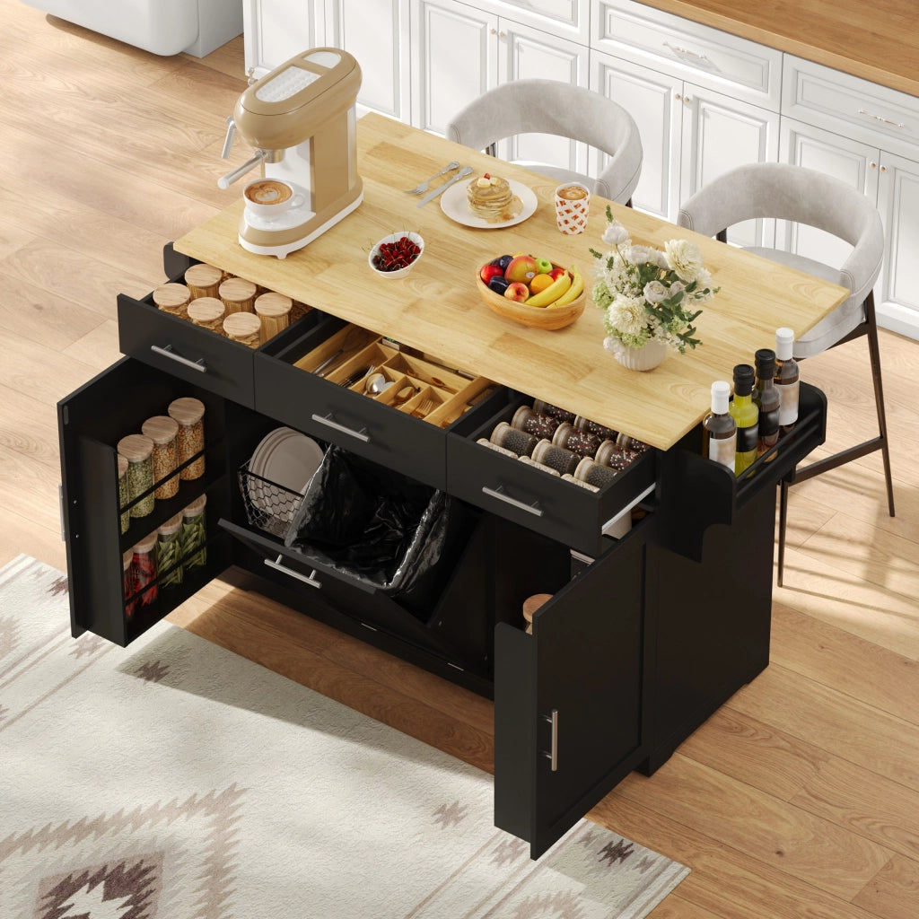 Carrello da cucina con 3 cassetti; 2 ante e vano rifiuti; portasciugamani e prese integrate; in MDF; nero e naturale