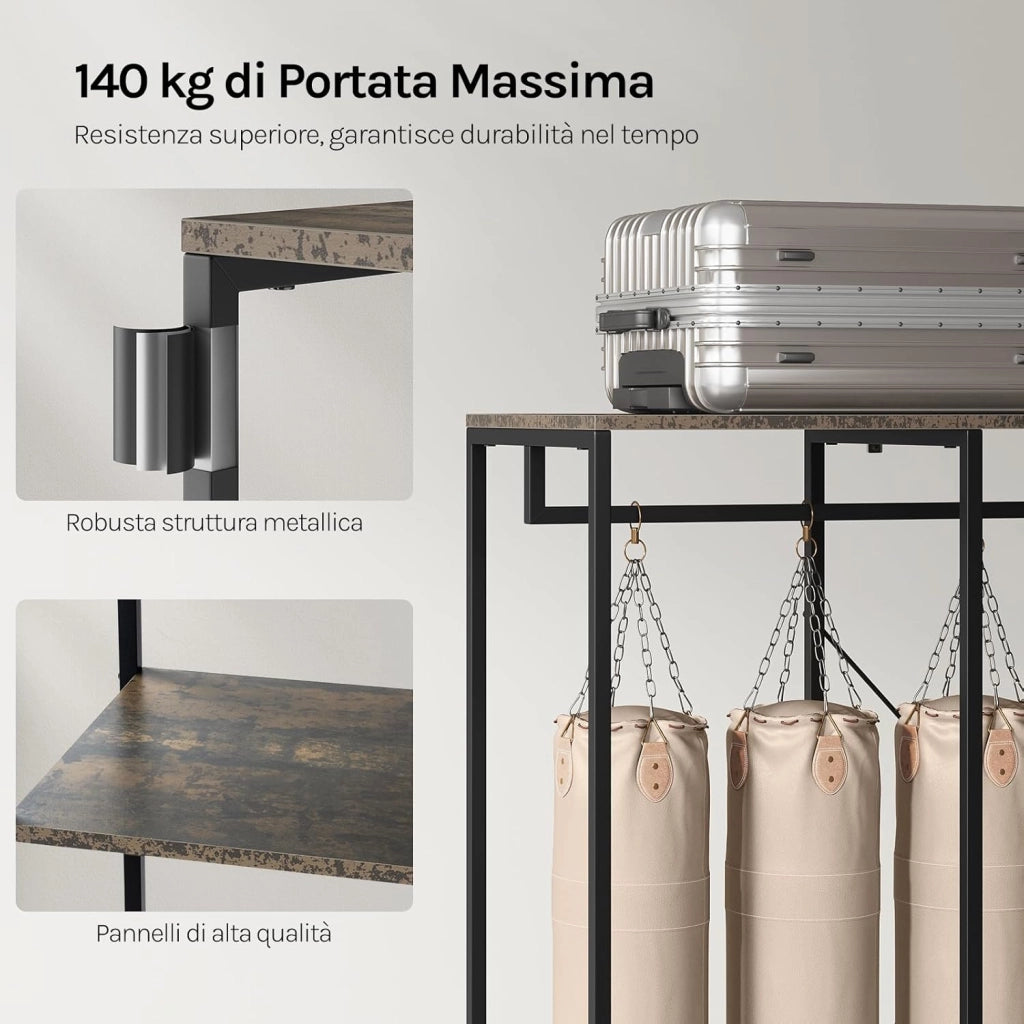 Porta Abiti in MDF e Acciaio, Appendiabiti con Scaffali, Attaccapanni Moderno, Guardaroba Armadio Nero 90x40x204,5 cm