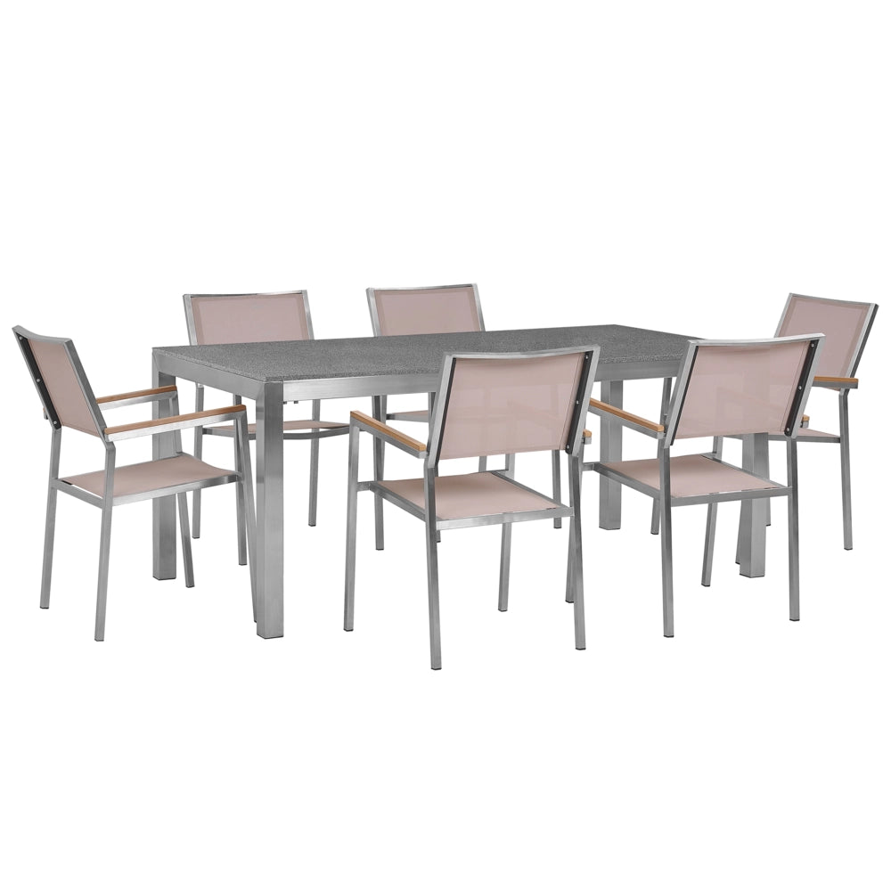 Set da pranzo da giardino beige con piano in granito grigio sedie in rattan 6 posti 180 x 90 cm