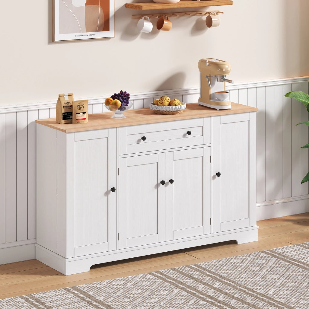 Credenza con 1 cassetto e 4 vani; ripiani regolabili - per cucina - in MDF - 138 cm - naturale e bianco