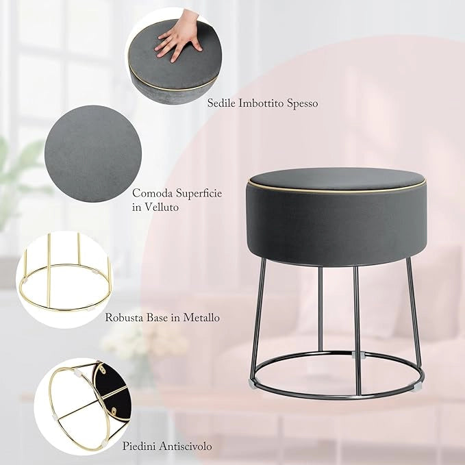 Pouf Rotondo Poggiapiedi 41cm, Sgabello Moderno da Trucco con Base in Metallo, Sedile Imbottito Spesso e Piedini Antiscivolo per Toeletta, Comodino e Divano (Grigio)