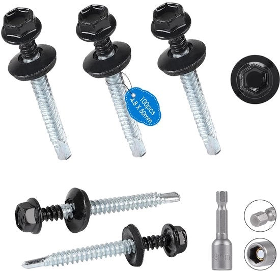 100 pezzi di viti metalliche per tetto, 4,8 x 50 mm, viti autoallogganti con guarnizione EPDM, colore antracite, viti per tetto in acciaio con chiave a 6 lobi, set di chiavi a stella, viti a trapezio, colore RAL 7016