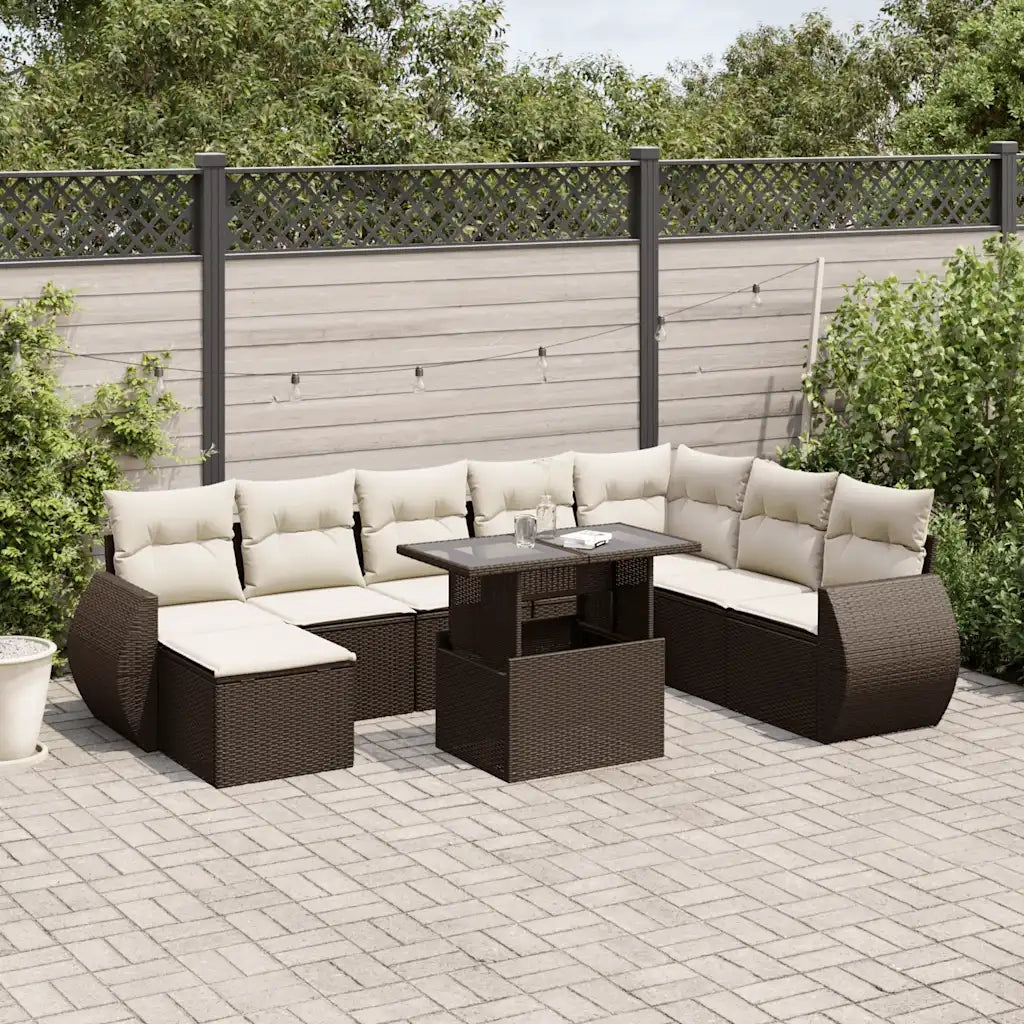 Set Divani da Giardino 9pz con Cuscini Marrone in Polyrattan