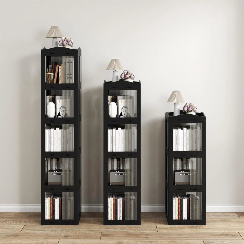Libreria girevole a 360°, scaffale angolare girevole a 4 livelli, con pannelli traslucidi, montaggio semplice, per piccoli spazi, ufficio, camera da letto e soggiorno (nero, 4 livelli)