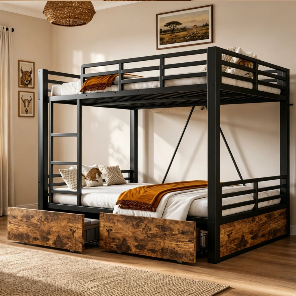 Letto a Castello in Metallo 140x200 cm con Cassetti, Scala e Sponde di Sicurezza, Nero