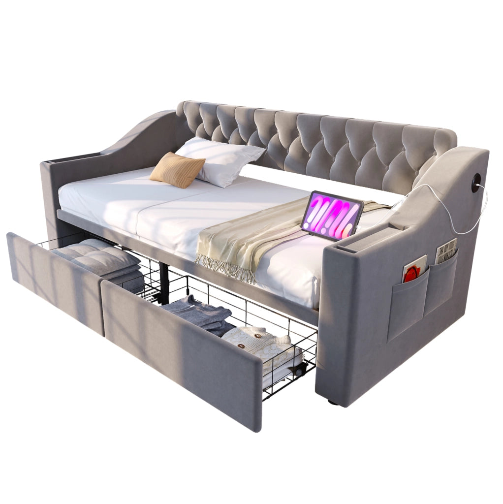 Divano letto imbottito 90x190 cm in velluto grigio chiaro; con 2 cassetti e porte USB/Type-C