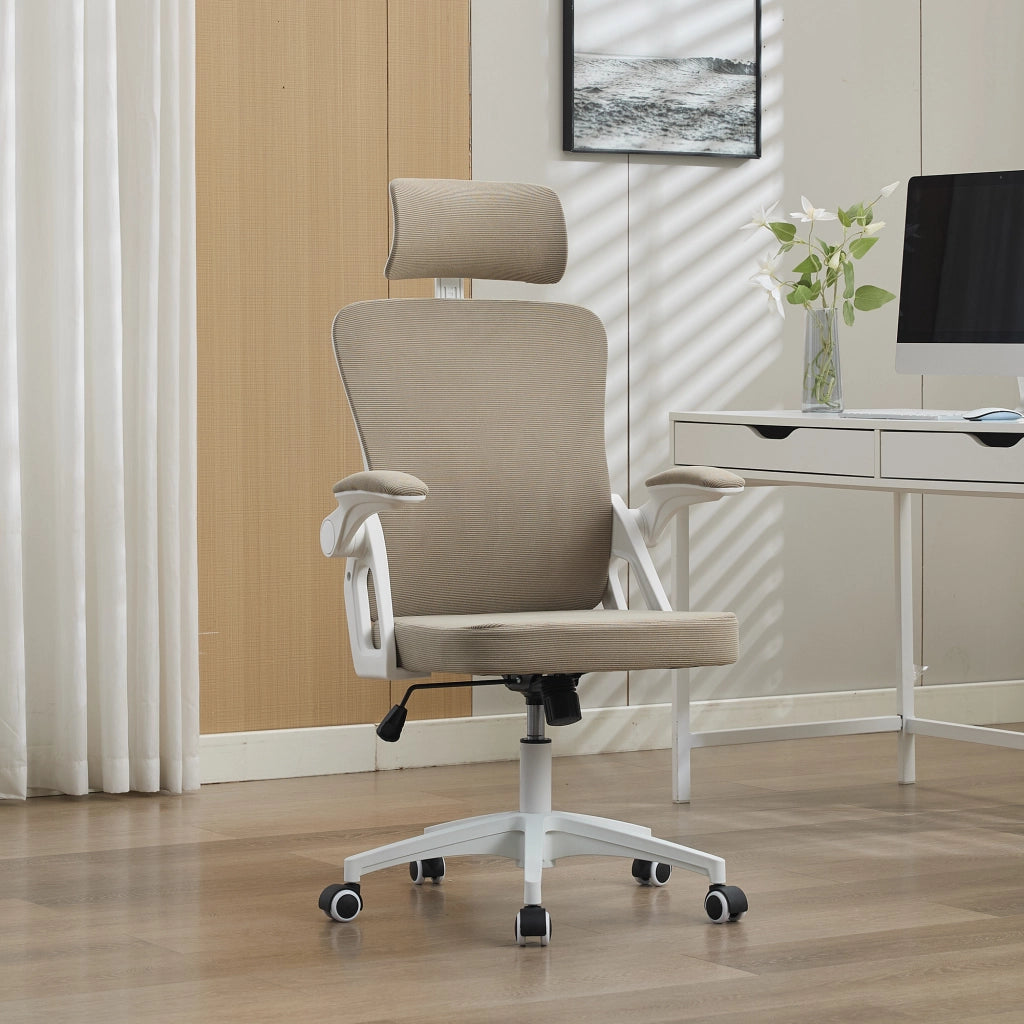 Sedia da ufficio ergonomica in rete traspirante con braccioli ribaltabili e altezza regolabile, in tessuto imbottito kaki