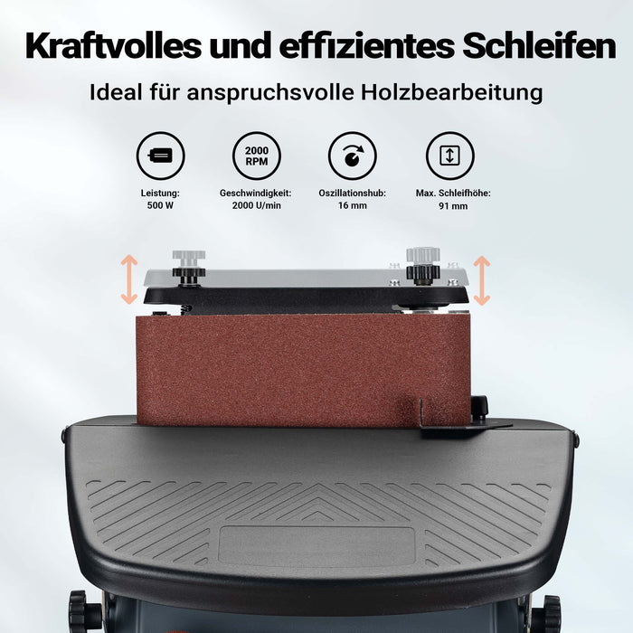 Levigatrice a mandrino oscillante 500 W, 2000/min, funzionamento a rullo e a nastro, con 5 bussole, Smerigliatrice