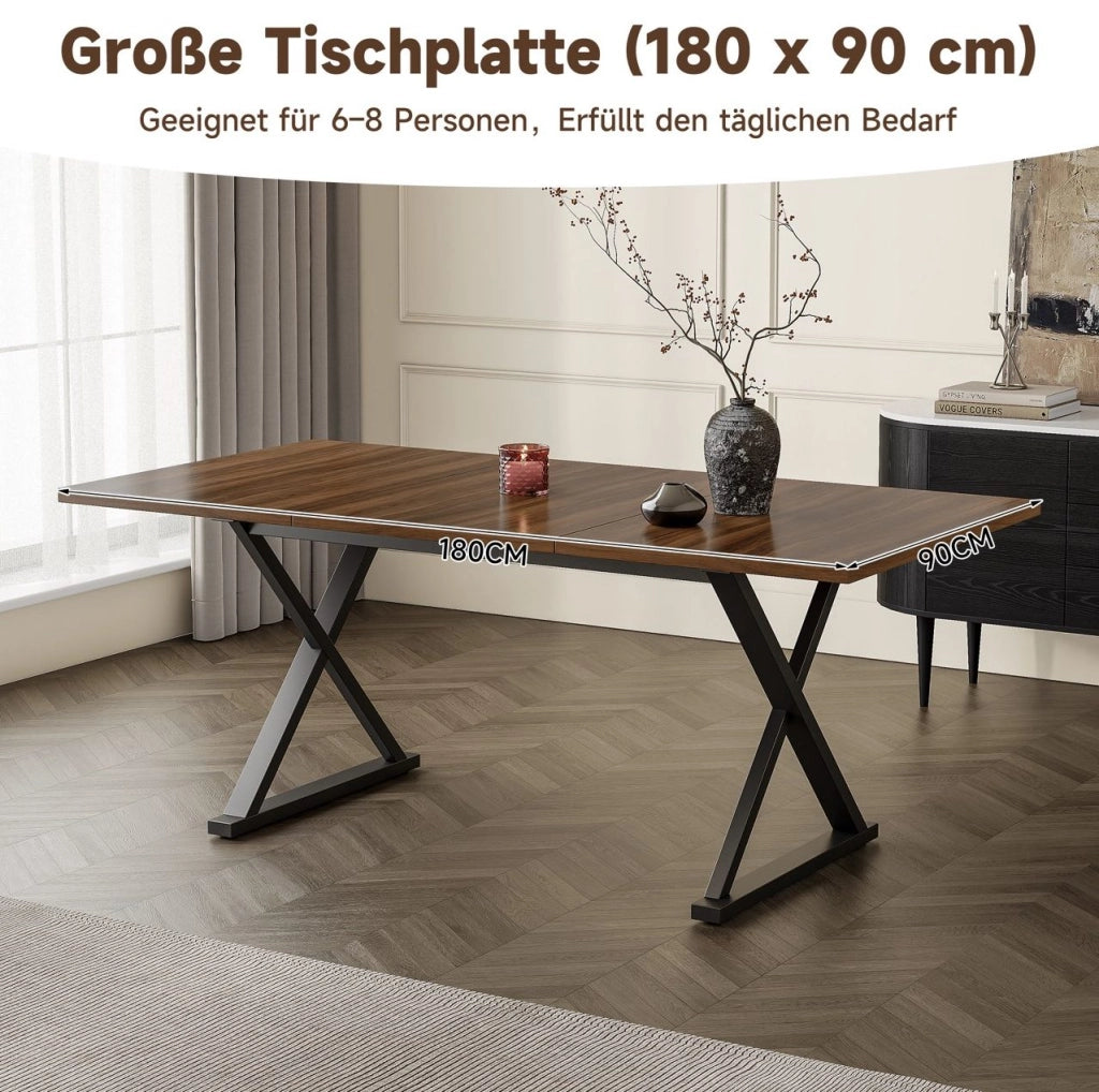Tavolo da pranzo moderno 180 x 90 cm in MDF colore noce con gambe in metallo nero