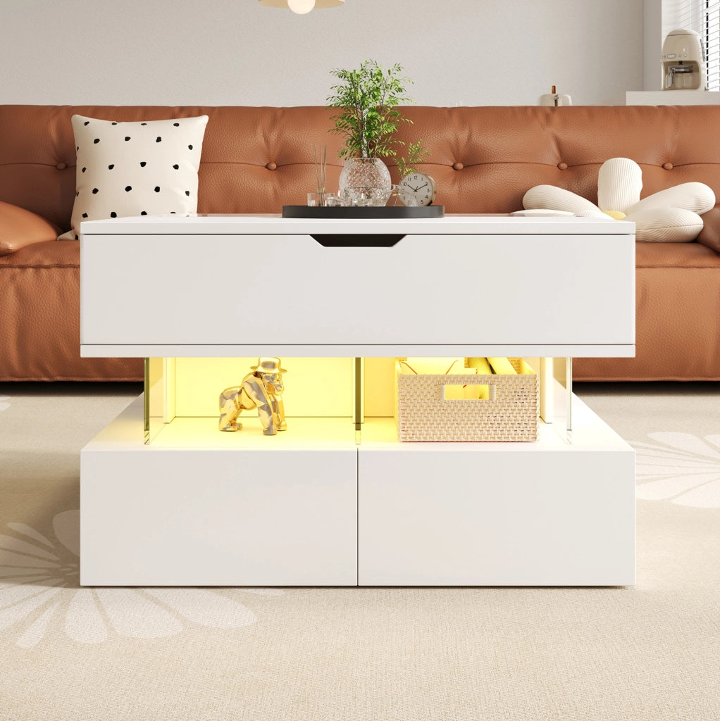Tavolino da salotto elevabile bianco con LED e piano in vetro