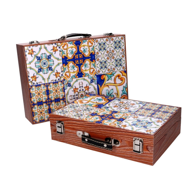 Scatola valigia legno 1-2 blu bordo marrone cm 34x9,3h24