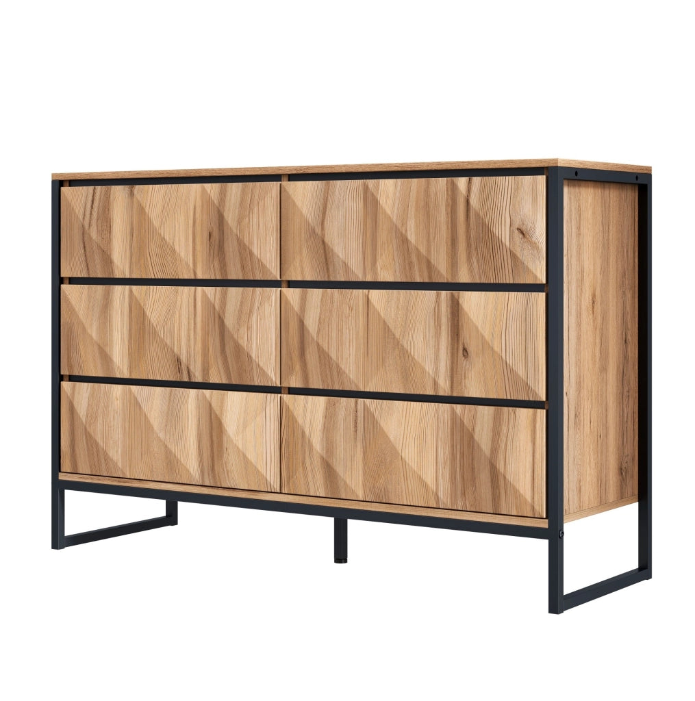 Credenza moderna con sei cassetti, nero e effetto legno
