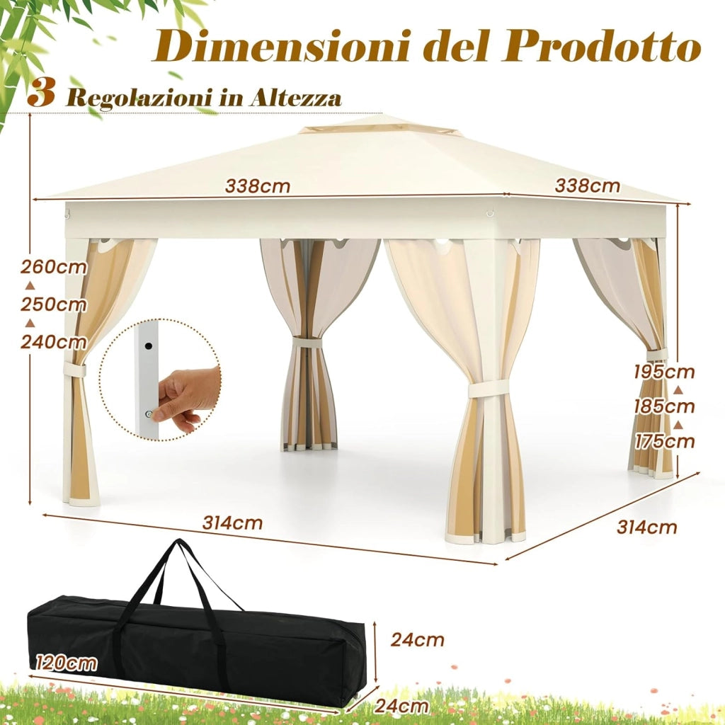 Gazebo Pieghevole 3,4 x 3,4 m con Zanzariera, Gazebo da Giardino con Tende Laterali, Tenda da Giardino Antivento Facile da Montare Resistente 210D con Borsa di Trasporto (Beige)