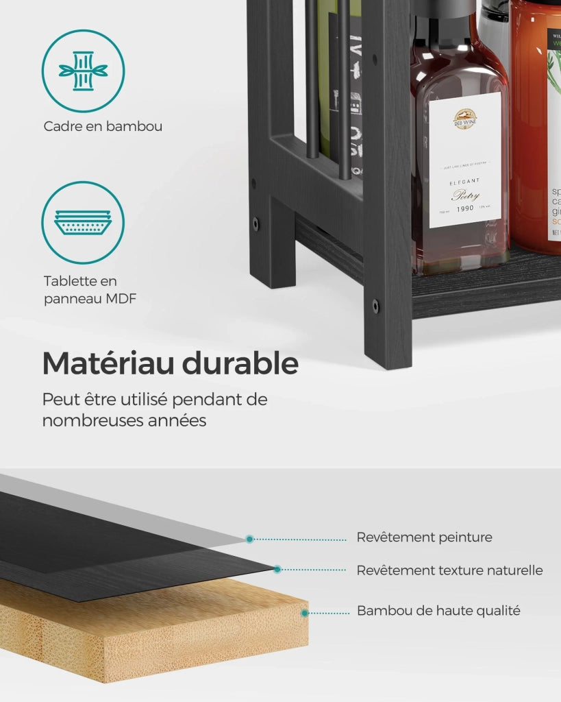 Porta spezie scaffale portaoggetti a 3 livelli organizer da scrivania 18 x 41 x 53 cm struttura in bambù per cucina sala da pranzo ufficio marrone rustico e nero 12_0005524