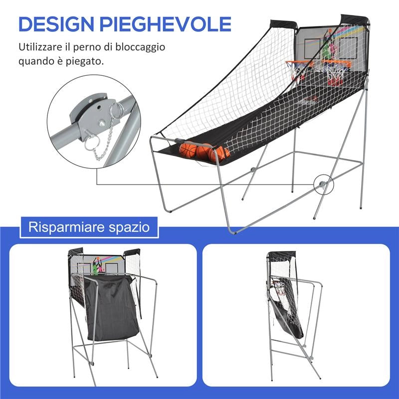 CANESTRI BASKET CON TABELLONE LED 4 PALLONI E 8 MODALITA DI GIOCO 205X110X205 CM BIANCO E NERO