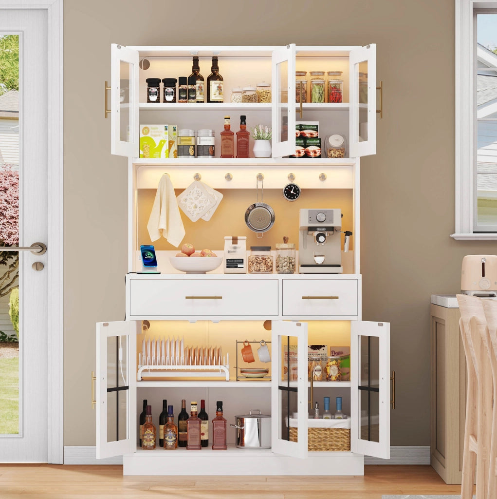 Credenza da cucina bianca con LED RGB, 6 ante e 2 cassetti