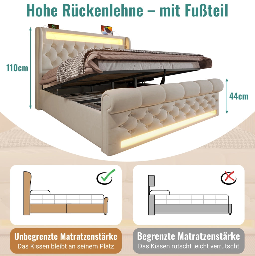 Letto matrimoniale 160x200 cm con LED, USB-C e vano contenitore