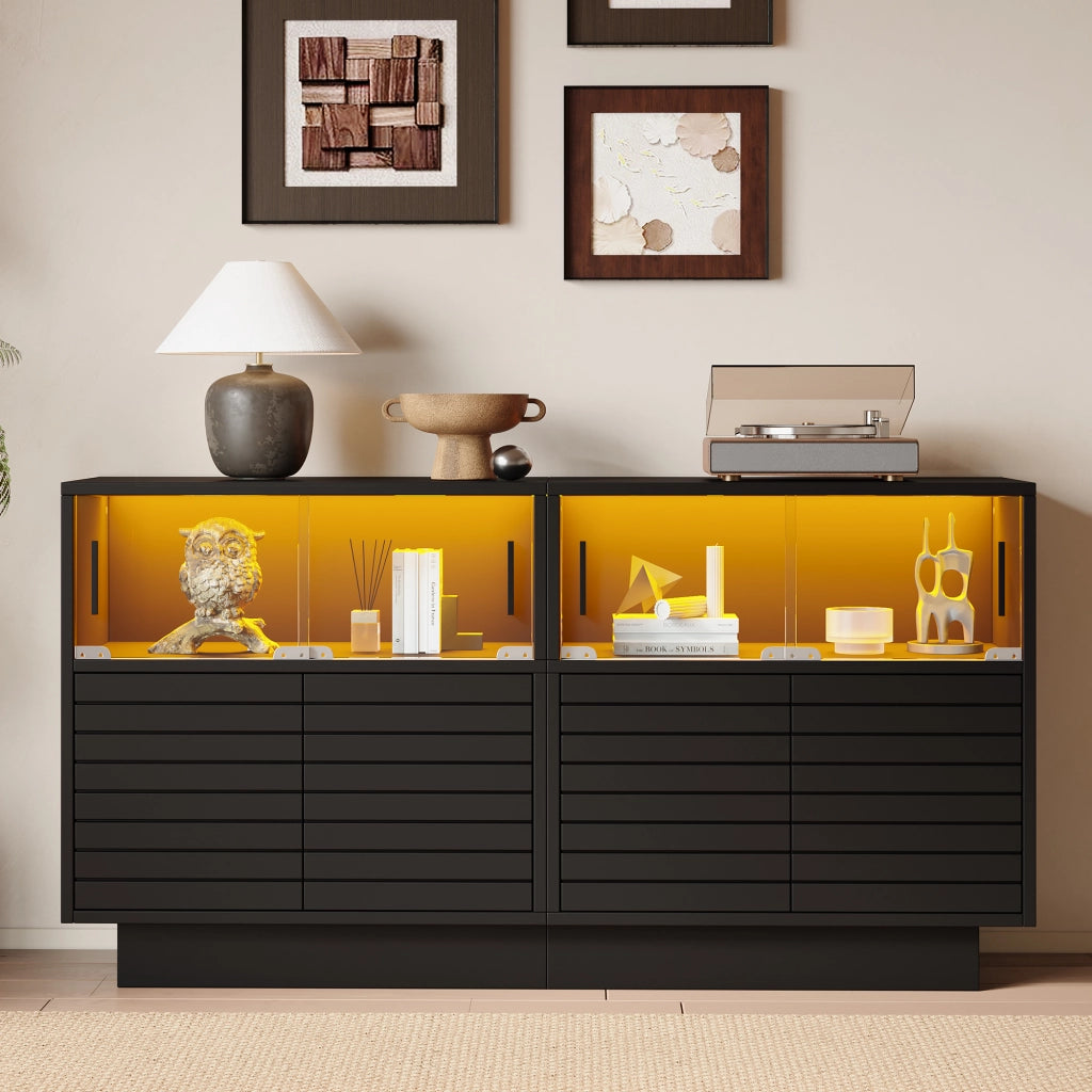 Credenza con 4 Ante Scorrevoli in Vetro e LED; Stile Industriale Moderno; in Pannello Truciolare; 130??35??68 cm; Nero