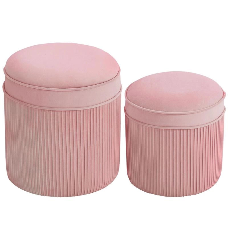 SET 2 POUF POGGIAPIEDI ROTONDI IMPILABILI E IMBOTTITI CON RIVESTIMENTO IN VELLUTO, CONTENITORE DA 34.8L, ROSA