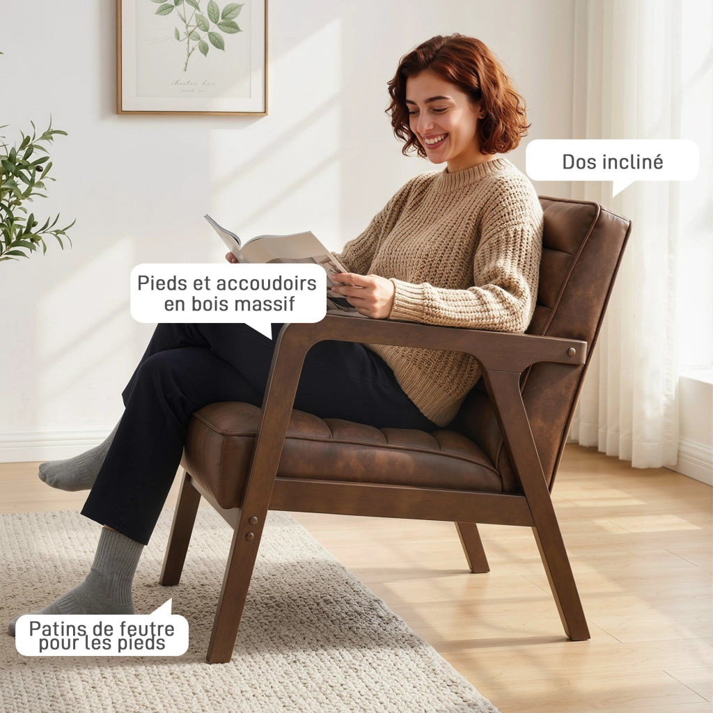 Poltrona relax in similpelle marrone con struttura in legno massello ¨C Zephmum ¨C 80x90x100