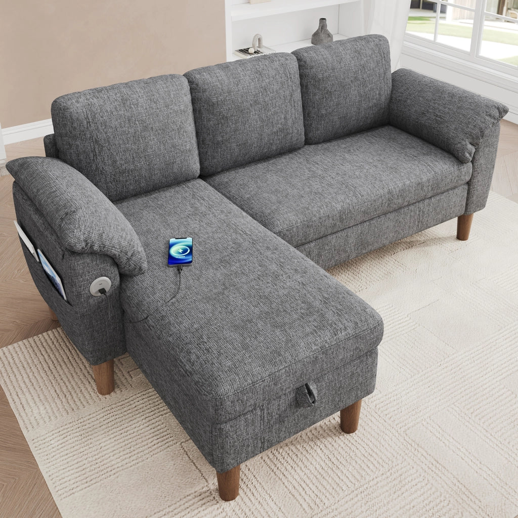 Divano angolare a L con chaise longue reversibile; USB/Type-C; chenille grigio chiaro 181x125x88 cm