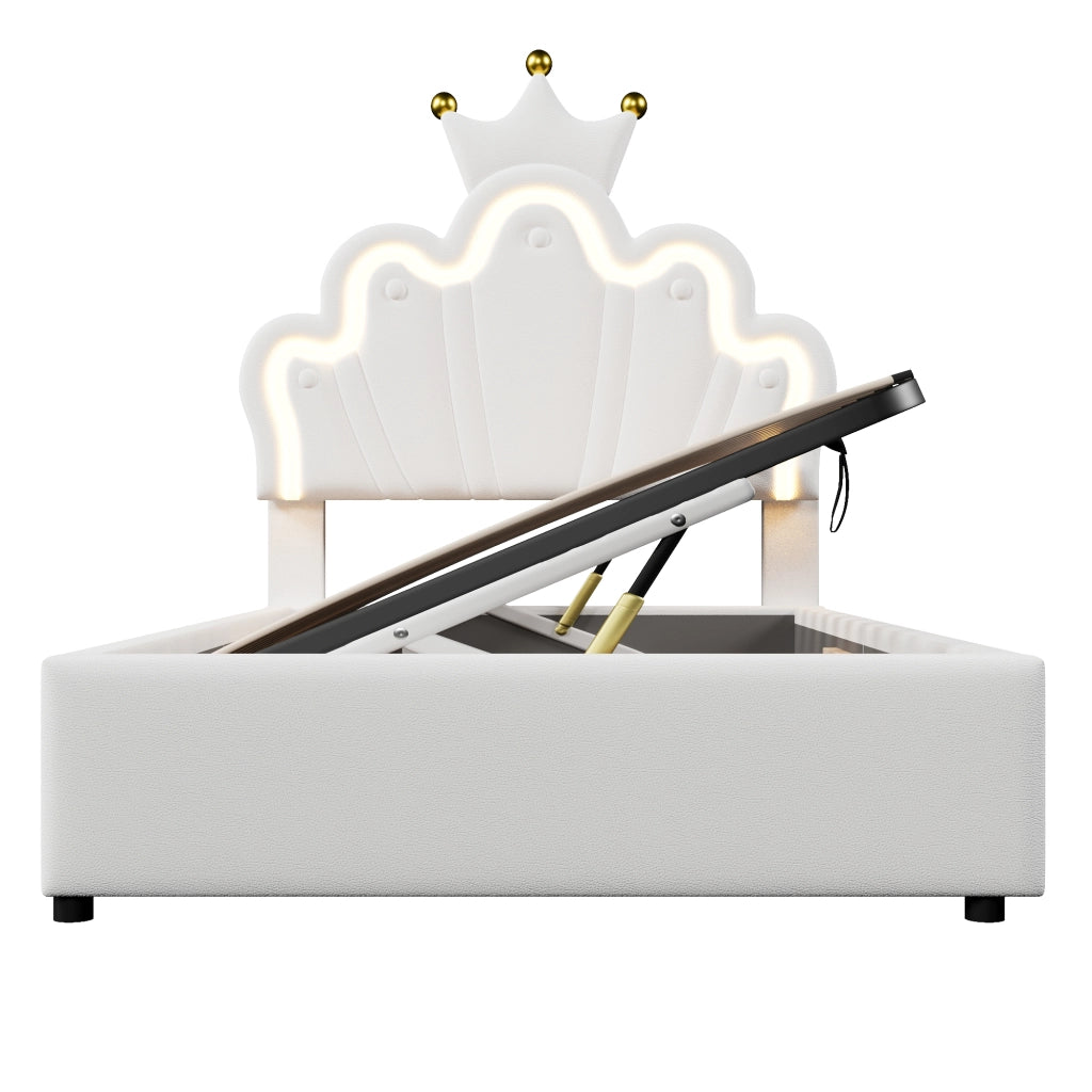OKWISH Letto Contenitore 90×200 cm, Letto Singolo con LED Multicolore, Testiera Regolabile e Apertura Idraulica, senza Materasso, PU Bianco