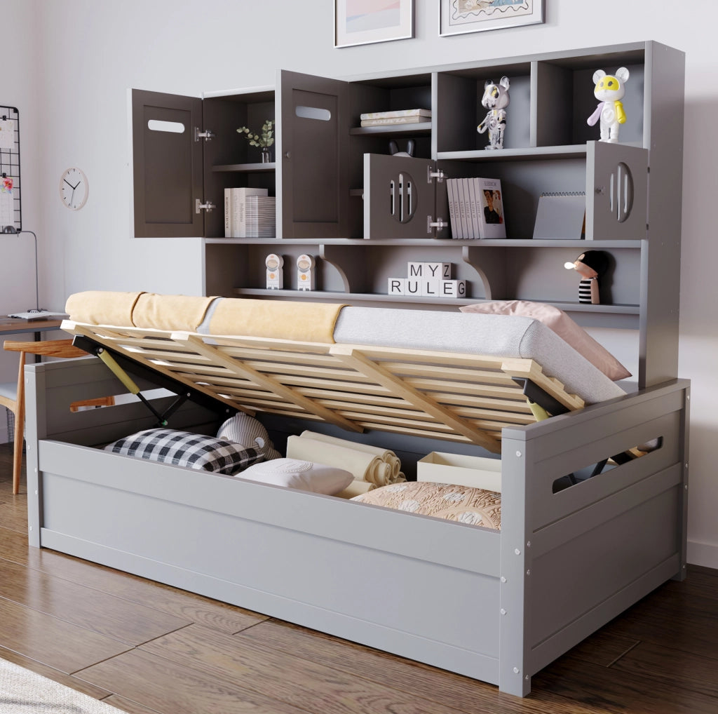 Letto multifunzione 90x200 cm con contenitore idraulico in legno grigio