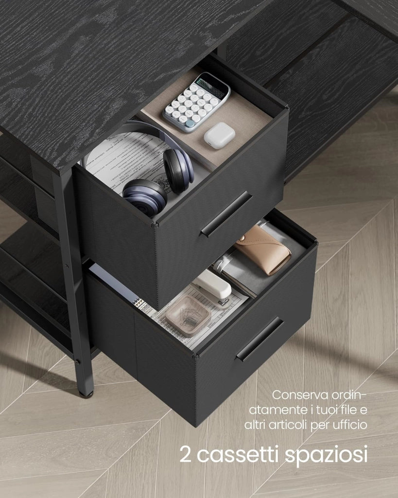 VASAGLE Scrivania per Computer a L, Scrivania ad Angolo con 2 Cassetti Spaziosi e Supporto per Monitor, Ripiano Regolabile, per Ufficio Studio, Nero Ebano LWD098B56