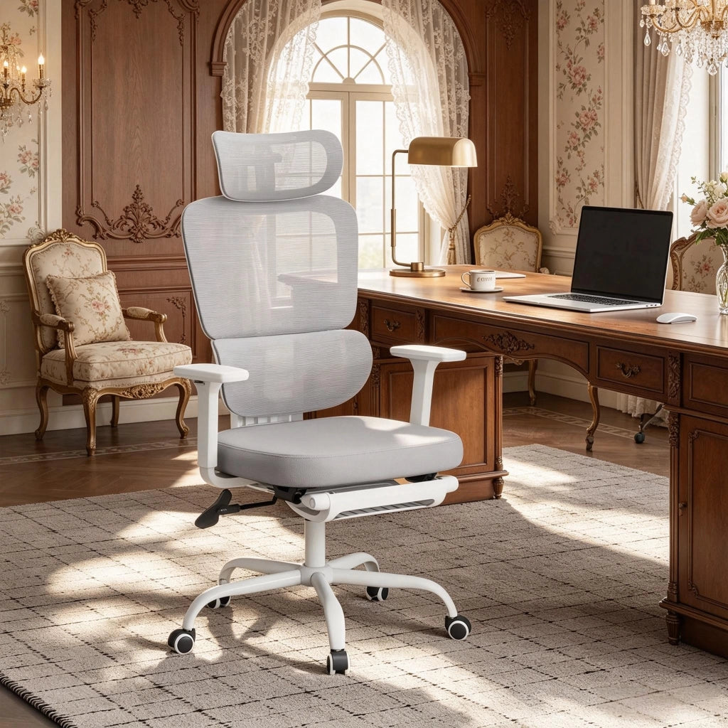 Sedia da ufficio ergonomica girevole con poggiapiedi pieghevole, braccioli 3D e poggiatesta 3D in rete grigia