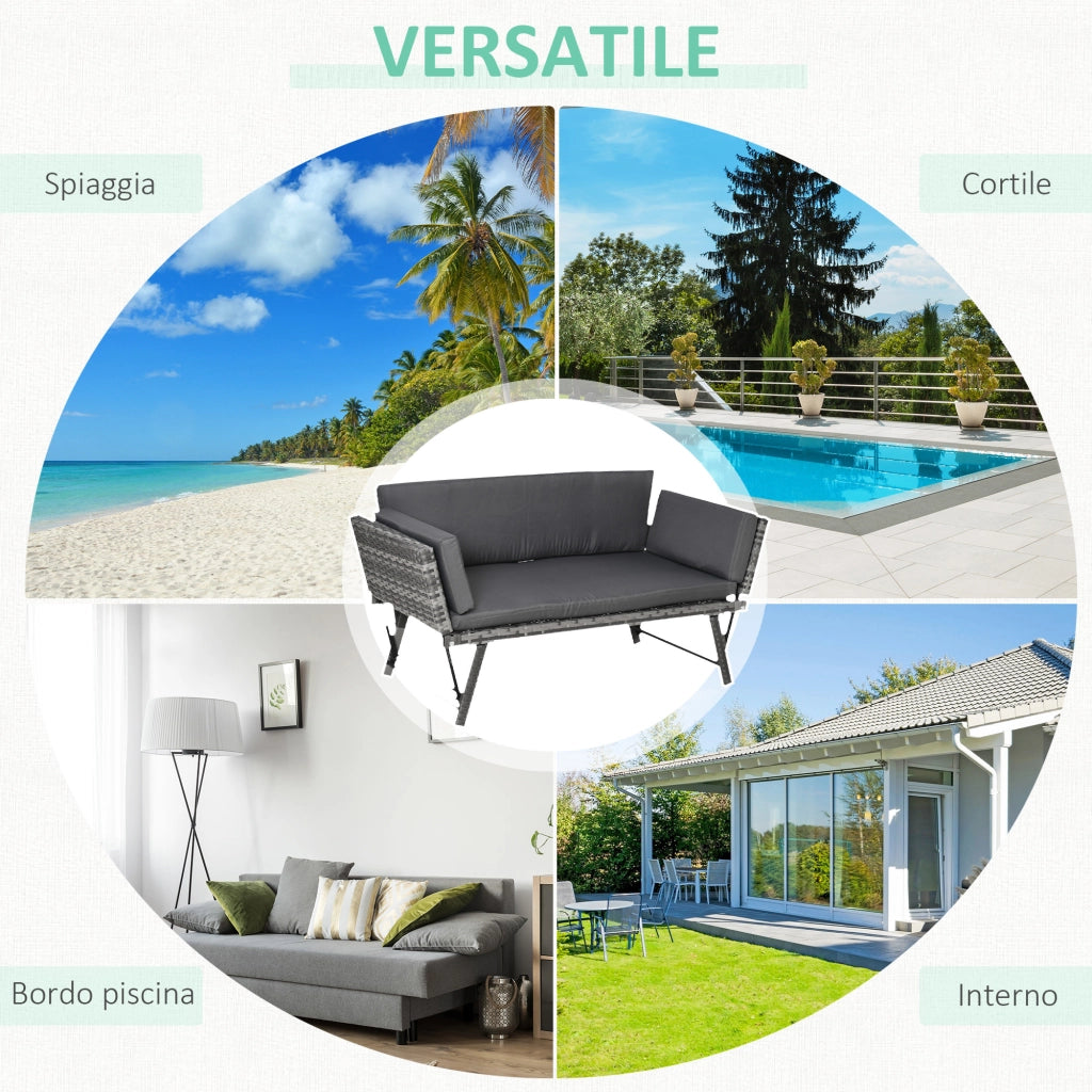 Divano 2 Posti da Giardino in Rattan con Braccioli Ribaltabili ¨C zephmum ¨C Grigio 129x63x67