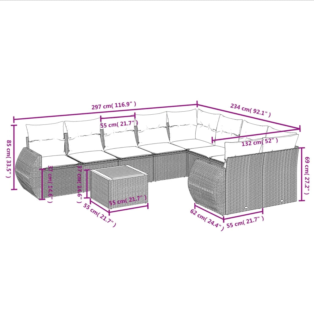 Set Divano da Giardino 10 pz con Cuscini Beige in Polyrattan 3225163
