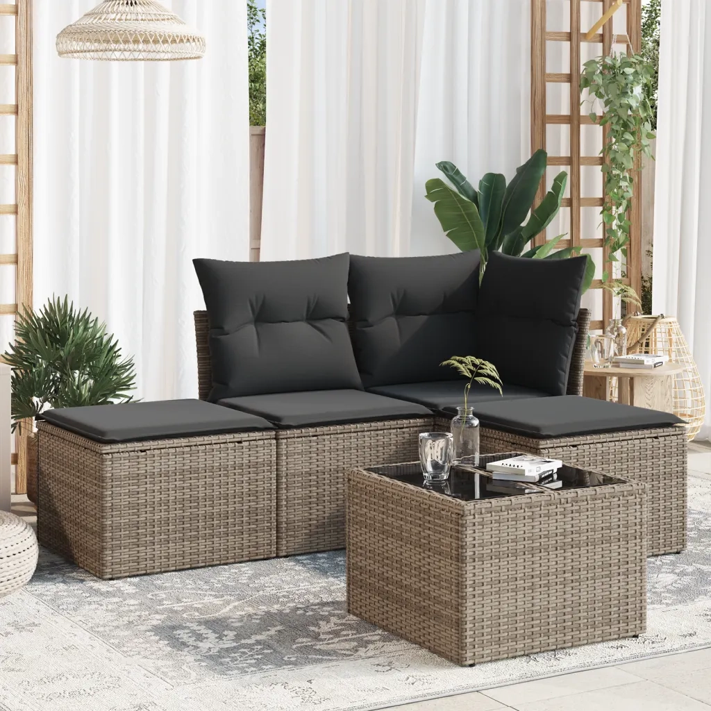 Set Divano da Giardino 5 pz | Set Salotto da Giardino con Cuscini Grigio in Polyrattan