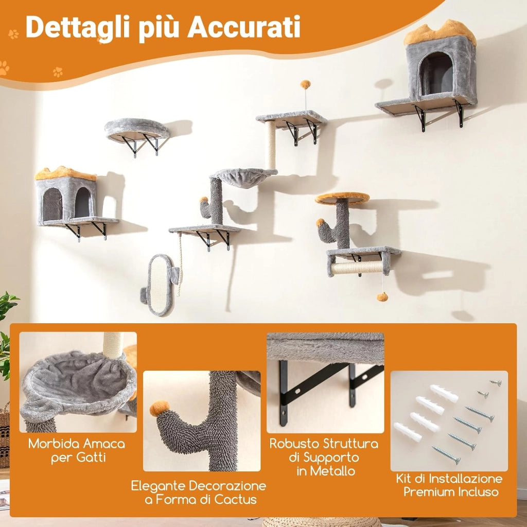 Set Albero per Gatti da Parete, Set Albero Tiragraffi Salvaspazio con Piattaforme, 2 Comode Cuccie, 1 Letto Comodo e 1 Tavola Graffio, Centro Attività per Gattini per Soggiorno