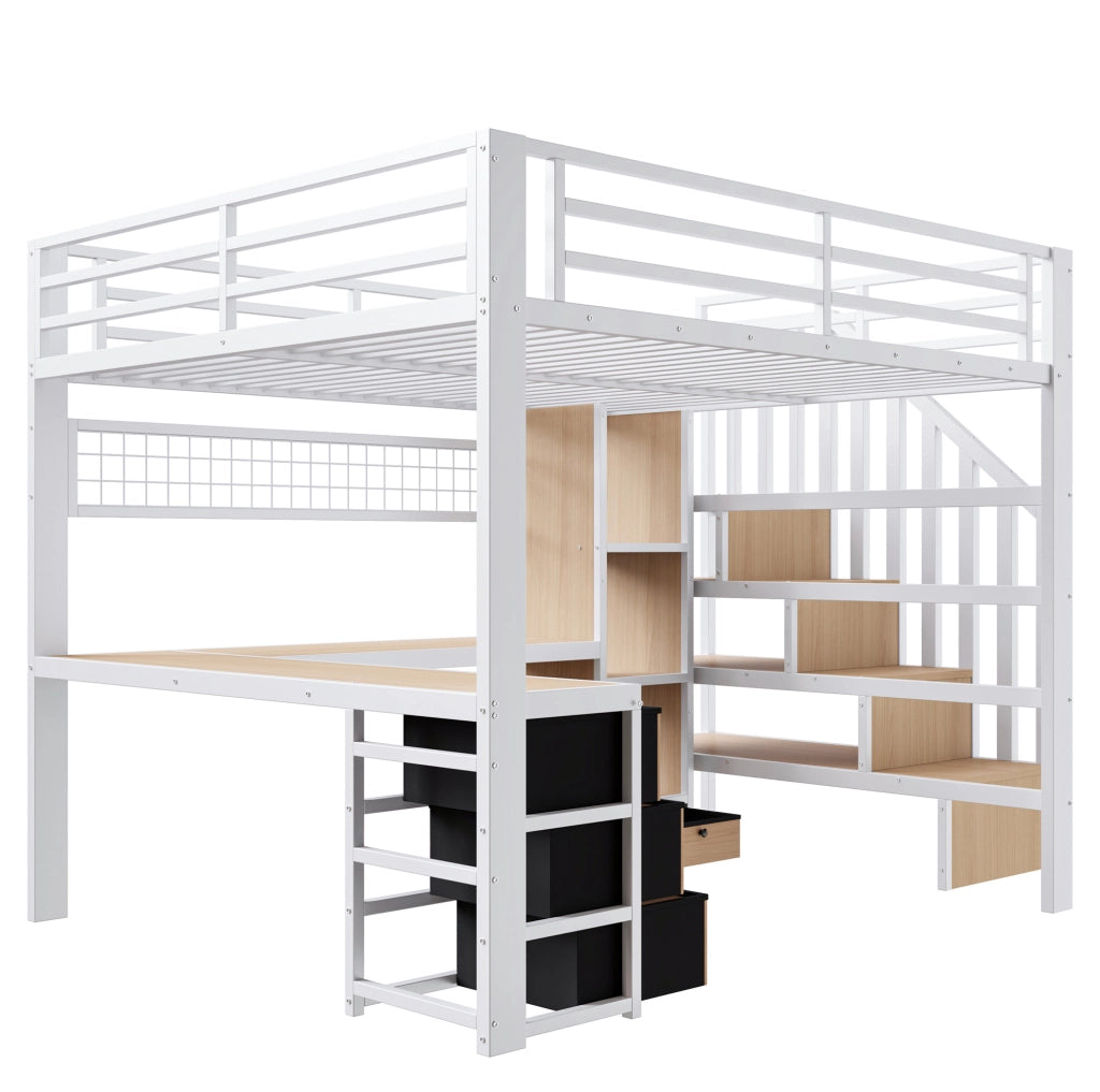 Letto a soppalco 140x200 cm in metallo e MDF bianco con scrivania; LED e contenitore