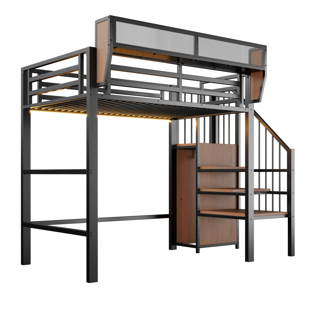 Hochbett metallico 90x200 cm con LED, scala di sicurezza e ripiani flessibili, struttura nera