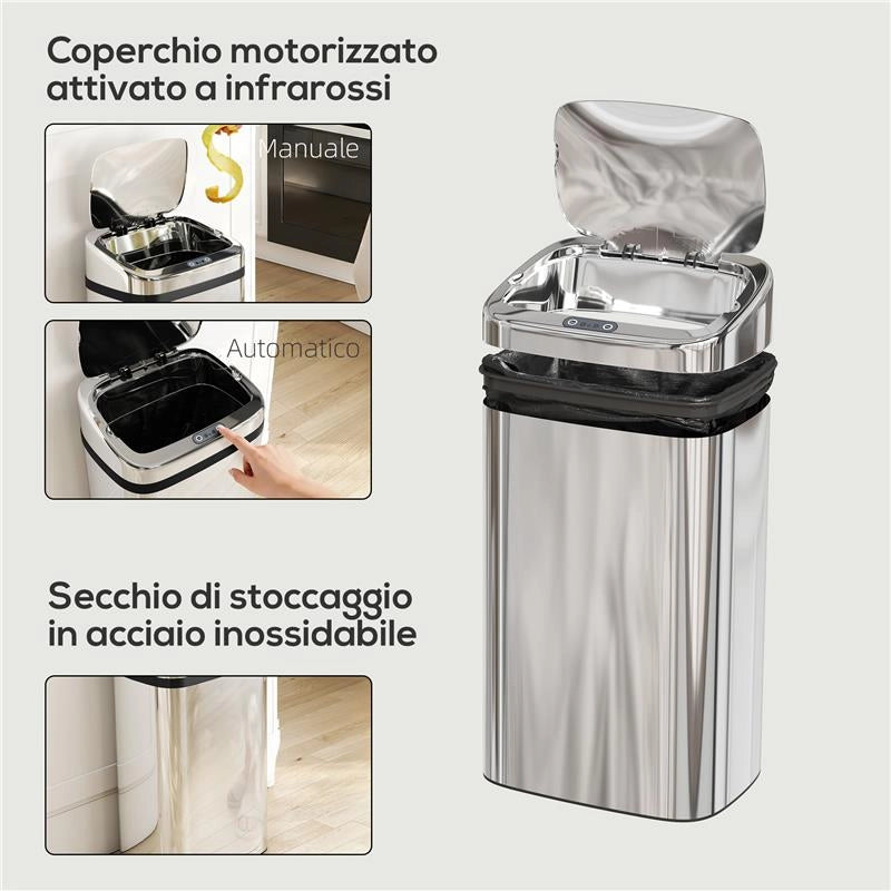 BIDONE PER RIFIUTI DA 30L CON SENSORE PER APERTURA E CHIUSURA AUTOMATICA, 33X25X57.5 CM, ARGENTO