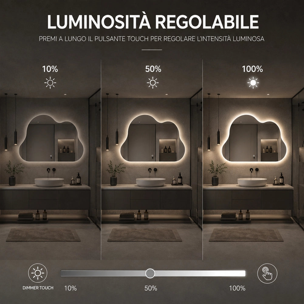 Specchio Led Nuvola con Led 3 Colori Dimmerabile 50x70 cm con Pulsante Touch