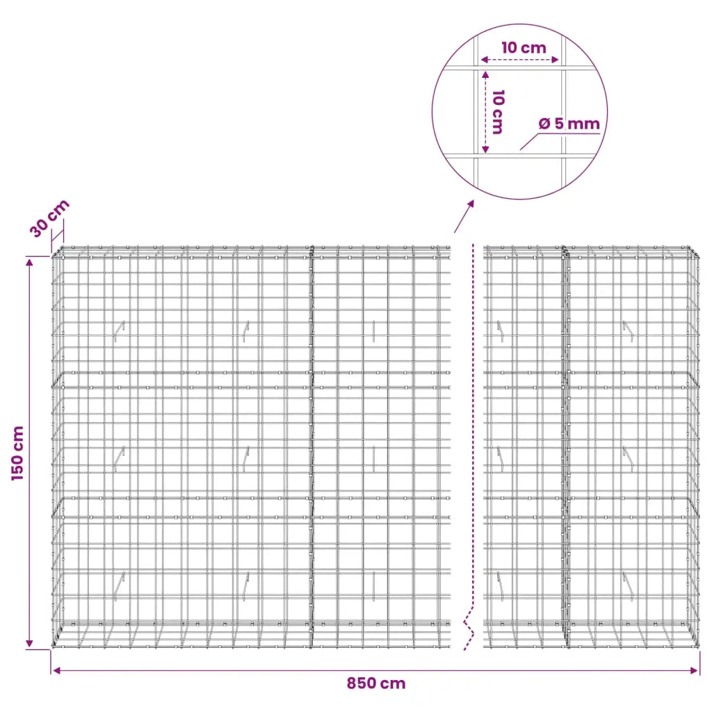Gabione con filo da 5 mm e rete 10x10 cm 850x30x150 cm 3465155