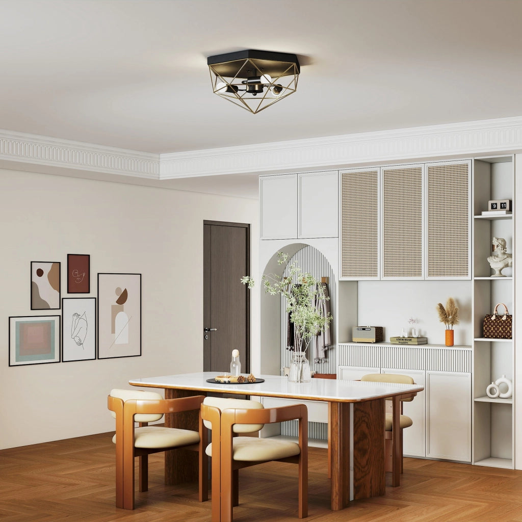 Lampada da Soffitto Stile Industriale Geometrica con 3 Attacchi E27 per Lampadine LED, Nero e Oro