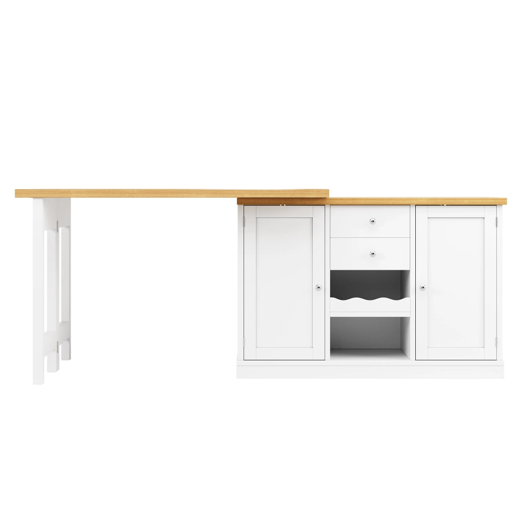 Tavolo da pranzo con 2 cassetti e ripiani; girevole ed estensibile per cucina; in MDF; bianco
