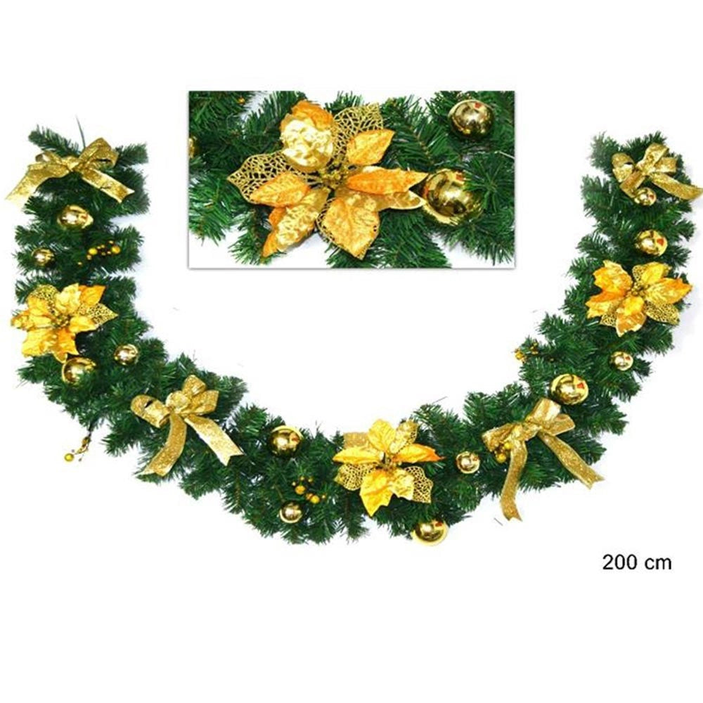 Trade Shop - Ghirlanda Natalizia Stella Natale Fiori Palline Fiocchi 200cm Decorazioni Oro -