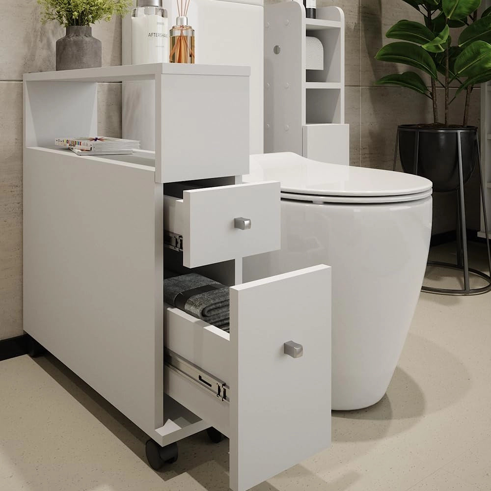 Cassettiera da bagno Fynn, Bianco, 17.6 x 61.6 cm con 2 cassetti, da parete per la conservazione di accessori da bagno